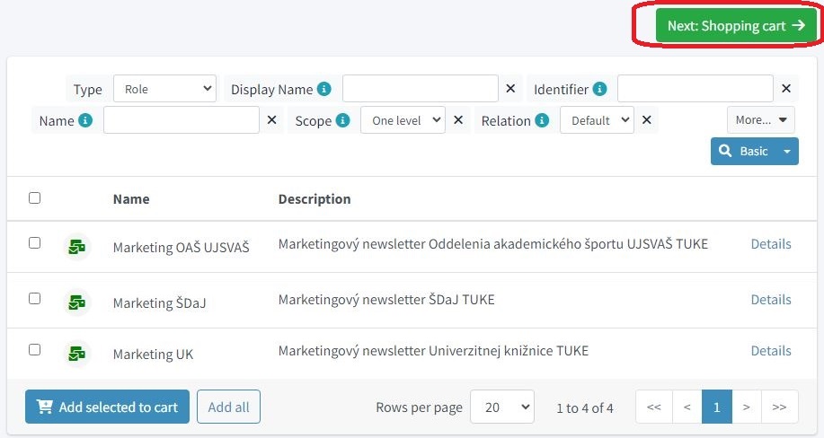 Categories of marketing newsletters - screen example