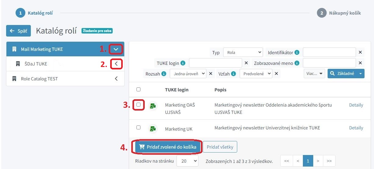 Voľba kategórie marketingových newsletterov - príklad obrazovky