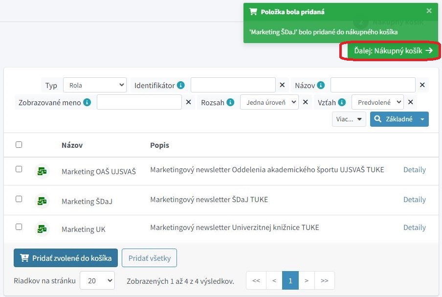 Zvolené marketingové newslettery - príklad obrazovky